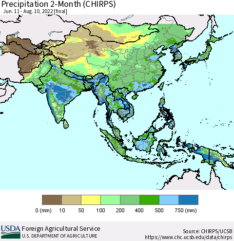 Asia Precipitation 2-Month (CHIRPS) Thematic Map For 6/11/2022 - 8/10/2022