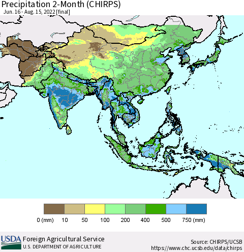 Asia Precipitation 2-Month (CHIRPS) Thematic Map For 6/16/2022 - 8/15/2022