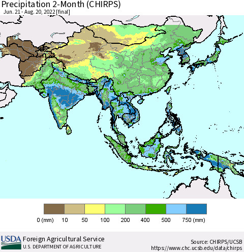Asia Precipitation 2-Month (CHIRPS) Thematic Map For 6/21/2022 - 8/20/2022