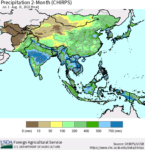 Asia Precipitation 2-Month (CHIRPS) Thematic Map For 7/1/2022 - 8/31/2022