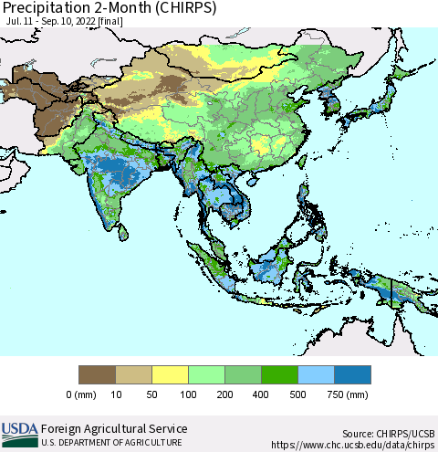 Asia Precipitation 2-Month (CHIRPS) Thematic Map For 7/11/2022 - 9/10/2022