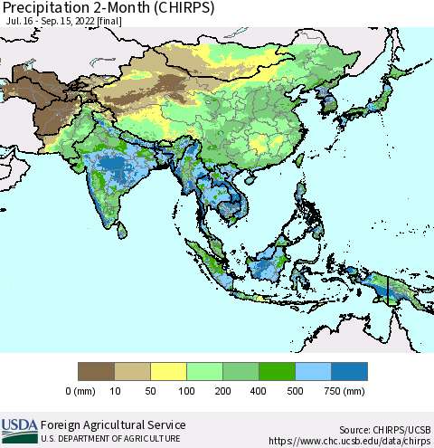 Asia Precipitation 2-Month (CHIRPS) Thematic Map For 7/16/2022 - 9/15/2022