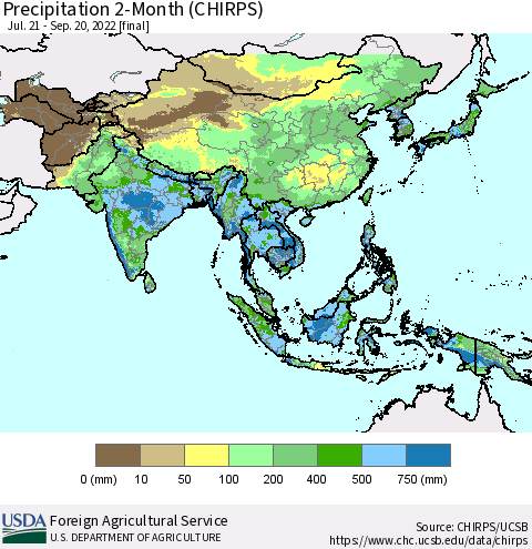Asia Precipitation 2-Month (CHIRPS) Thematic Map For 7/21/2022 - 9/20/2022
