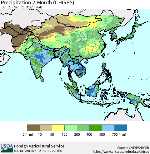 Asia Precipitation 2-Month (CHIRPS) Thematic Map For 7/26/2022 - 9/25/2022