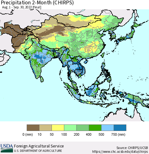 Asia Precipitation 2-Month (CHIRPS) Thematic Map For 8/1/2022 - 9/30/2022