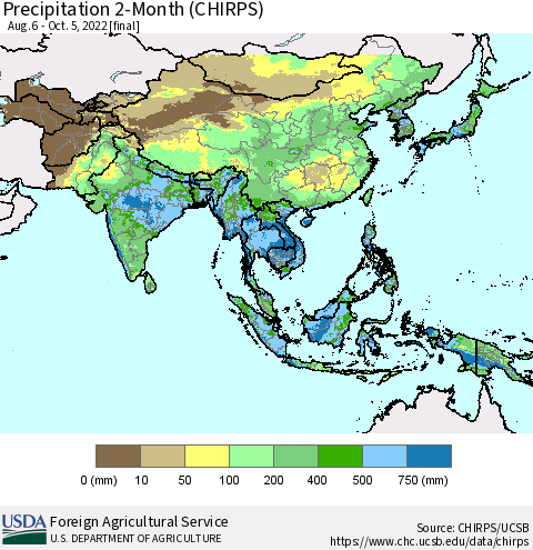 Asia Precipitation 2-Month (CHIRPS) Thematic Map For 8/6/2022 - 10/5/2022