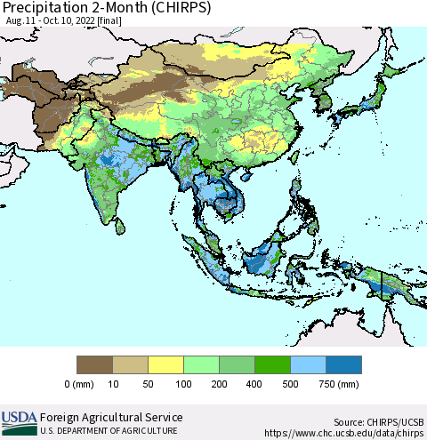 Asia Precipitation 2-Month (CHIRPS) Thematic Map For 8/11/2022 - 10/10/2022