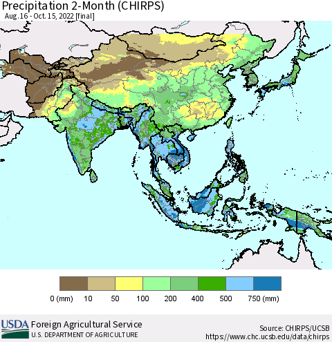 Asia Precipitation 2-Month (CHIRPS) Thematic Map For 8/16/2022 - 10/15/2022
