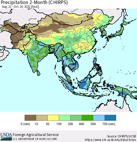 Asia Precipitation 2-Month (CHIRPS) Thematic Map For 8/21/2022 - 10/20/2022