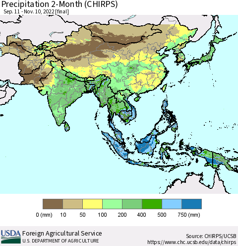 Asia Precipitation 2-Month (CHIRPS) Thematic Map For 9/11/2022 - 11/10/2022