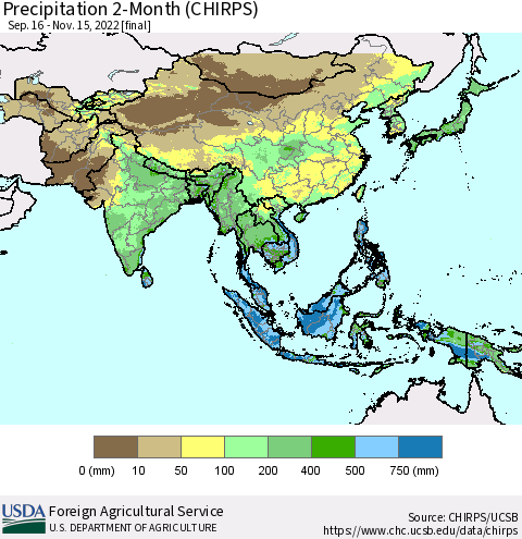Asia Precipitation 2-Month (CHIRPS) Thematic Map For 9/16/2022 - 11/15/2022