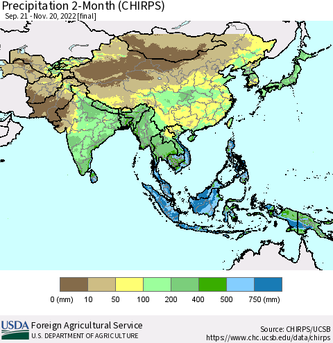 Asia Precipitation 2-Month (CHIRPS) Thematic Map For 9/21/2022 - 11/20/2022