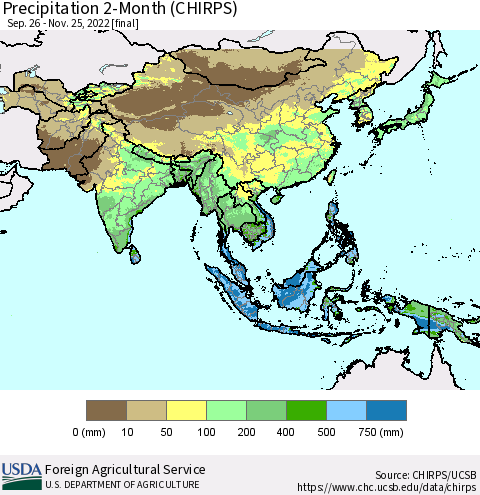 Asia Precipitation 2-Month (CHIRPS) Thematic Map For 9/26/2022 - 11/25/2022