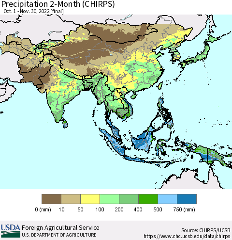 Asia Precipitation 2-Month (CHIRPS) Thematic Map For 10/1/2022 - 11/30/2022