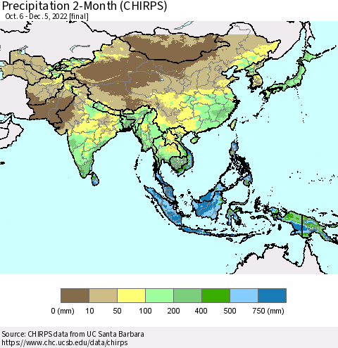 Asia Precipitation 2-Month (CHIRPS) Thematic Map For 10/6/2022 - 12/5/2022