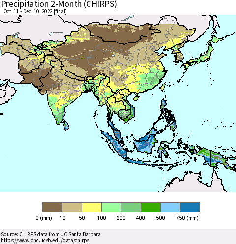 Asia Precipitation 2-Month (CHIRPS) Thematic Map For 10/11/2022 - 12/10/2022