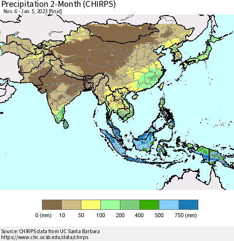 Asia Precipitation 2-Month (CHIRPS) Thematic Map For 11/6/2022 - 1/5/2023