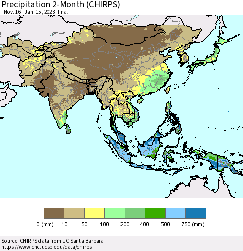 Asia Precipitation 2-Month (CHIRPS) Thematic Map For 11/16/2022 - 1/15/2023