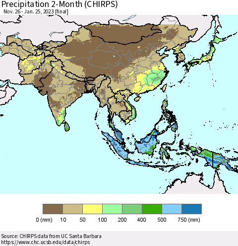 Asia Precipitation 2-Month (CHIRPS) Thematic Map For 11/26/2022 - 1/25/2023
