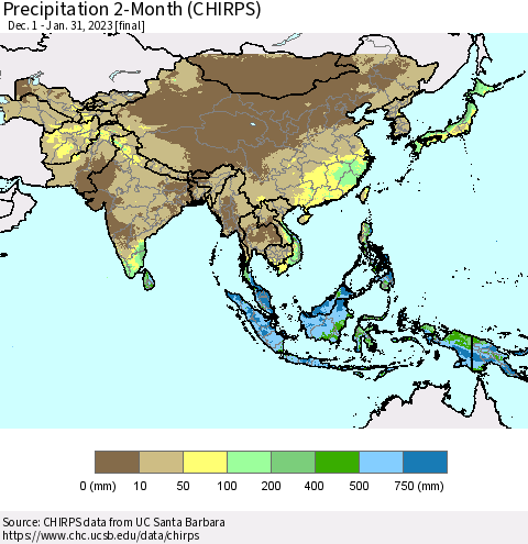 Asia Precipitation 2-Month (CHIRPS) Thematic Map For 12/1/2022 - 1/31/2023