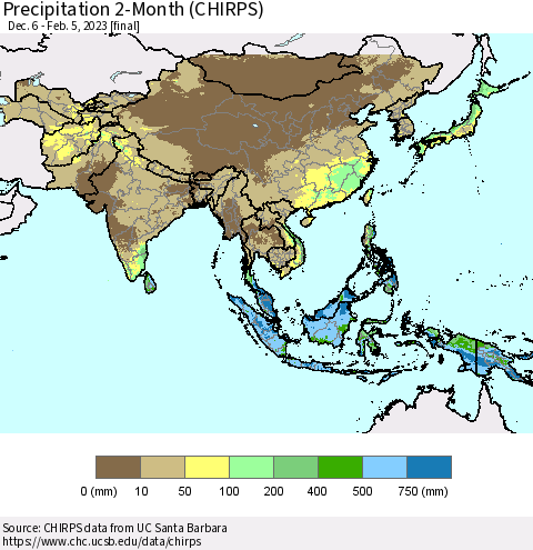 Asia Precipitation 2-Month (CHIRPS) Thematic Map For 12/6/2022 - 2/5/2023
