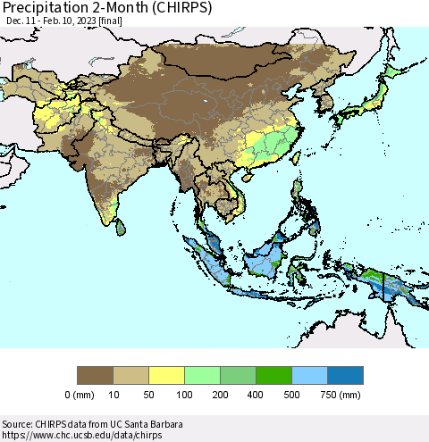 Asia Precipitation 2-Month (CHIRPS) Thematic Map For 12/11/2022 - 2/10/2023
