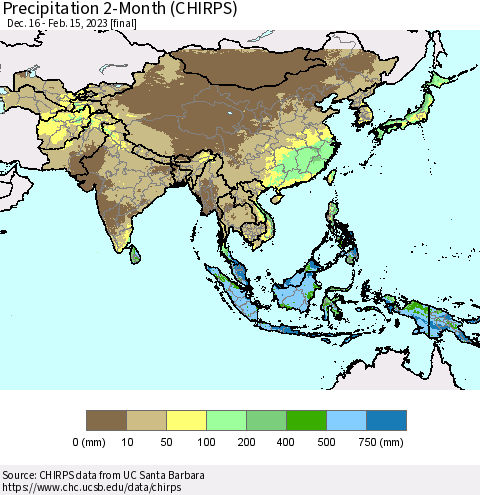 Asia Precipitation 2-Month (CHIRPS) Thematic Map For 12/16/2022 - 2/15/2023