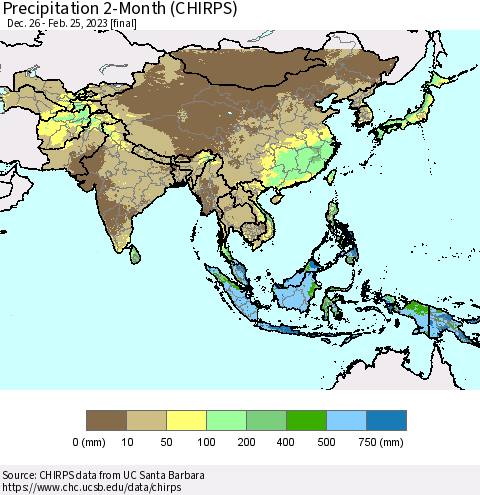 Asia Precipitation 2-Month (CHIRPS) Thematic Map For 12/26/2022 - 2/25/2023