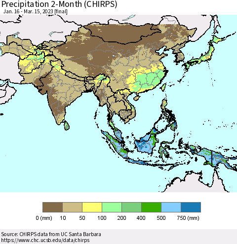 Asia Precipitation 2-Month (CHIRPS) Thematic Map For 1/16/2023 - 3/15/2023