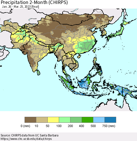 Asia Precipitation 2-Month (CHIRPS) Thematic Map For 1/26/2023 - 3/25/2023