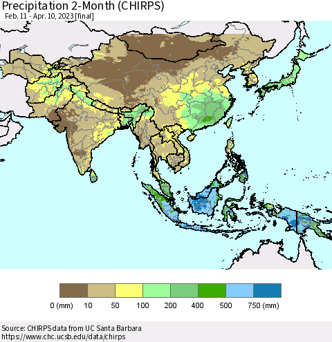 Asia Precipitation 2-Month (CHIRPS) Thematic Map For 2/11/2023 - 4/10/2023