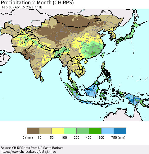 Asia Precipitation 2-Month (CHIRPS) Thematic Map For 2/16/2023 - 4/15/2023