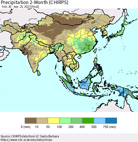 Asia Precipitation 2-Month (CHIRPS) Thematic Map For 2/26/2023 - 4/25/2023