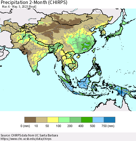 Asia Precipitation 2-Month (CHIRPS) Thematic Map For 3/6/2023 - 5/5/2023