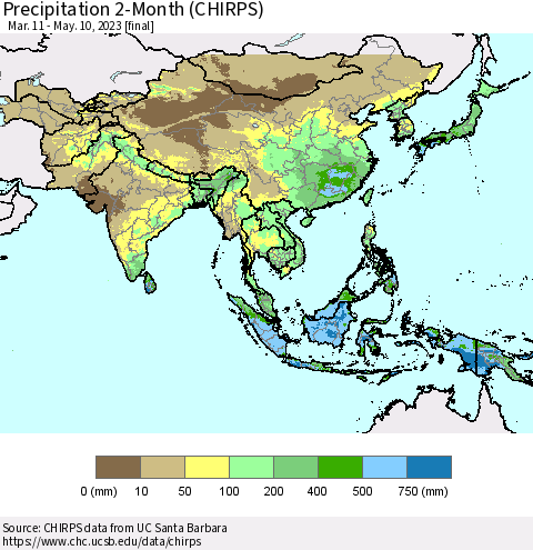 Asia Precipitation 2-Month (CHIRPS) Thematic Map For 3/11/2023 - 5/10/2023