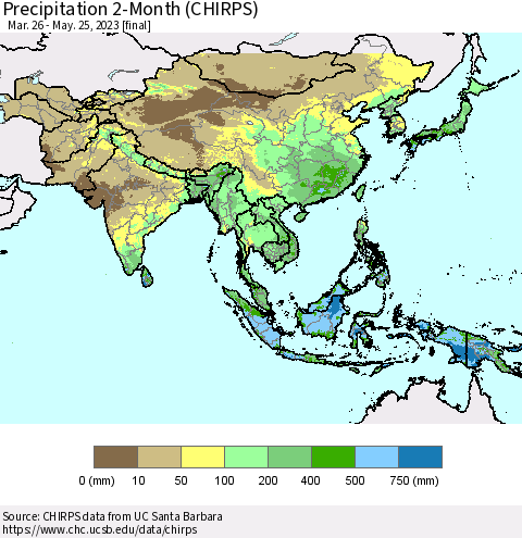 Asia Precipitation 2-Month (CHIRPS) Thematic Map For 3/26/2023 - 5/25/2023