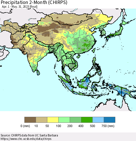 Asia Precipitation 2-Month (CHIRPS) Thematic Map For 4/1/2023 - 5/31/2023