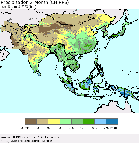 Asia Precipitation 2-Month (CHIRPS) Thematic Map For 4/6/2023 - 6/5/2023