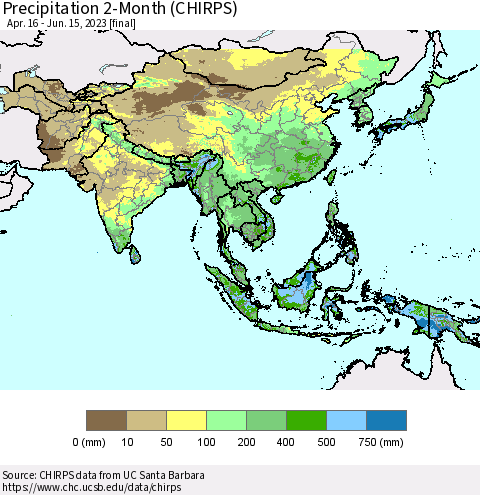 Asia Precipitation 2-Month (CHIRPS) Thematic Map For 4/16/2023 - 6/15/2023