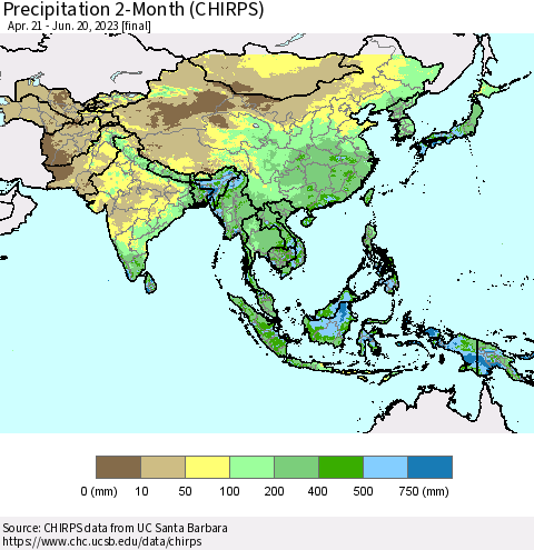 Asia Precipitation 2-Month (CHIRPS) Thematic Map For 4/21/2023 - 6/20/2023