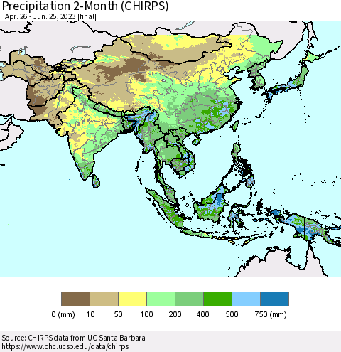 Asia Precipitation 2-Month (CHIRPS) Thematic Map For 4/26/2023 - 6/25/2023