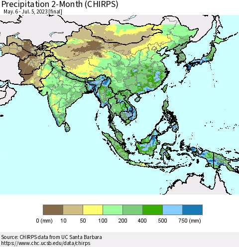 Asia Precipitation 2-Month (CHIRPS) Thematic Map For 5/6/2023 - 7/5/2023