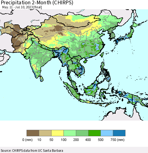 Asia Precipitation 2-Month (CHIRPS) Thematic Map For 5/11/2023 - 7/10/2023