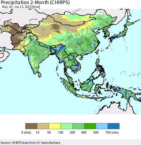 Asia Precipitation 2-Month (CHIRPS) Thematic Map For 5/16/2023 - 7/15/2023