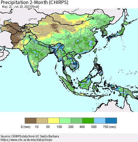 Asia Precipitation 2-Month (CHIRPS) Thematic Map For 5/21/2023 - 7/20/2023