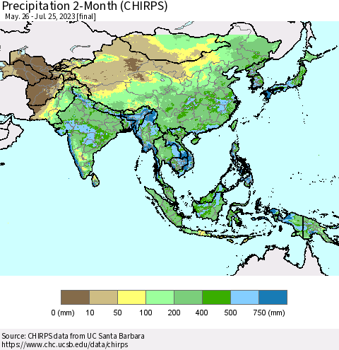 Asia Precipitation 2-Month (CHIRPS) Thematic Map For 5/26/2023 - 7/25/2023