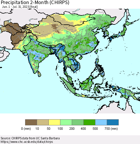Asia Precipitation 2-Month (CHIRPS) Thematic Map For 6/1/2023 - 7/31/2023