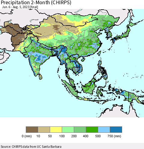 Asia Precipitation 2-Month (CHIRPS) Thematic Map For 6/6/2023 - 8/5/2023