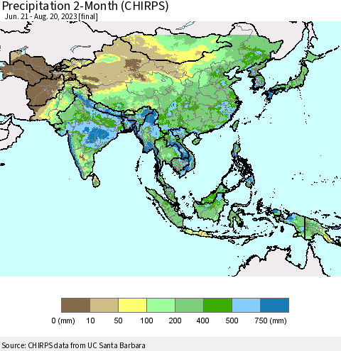 Asia Precipitation 2-Month (CHIRPS) Thematic Map For 6/21/2023 - 8/20/2023