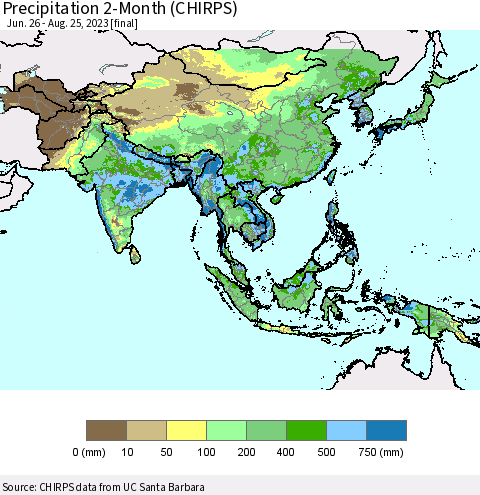 Asia Precipitation 2-Month (CHIRPS) Thematic Map For 6/26/2023 - 8/25/2023